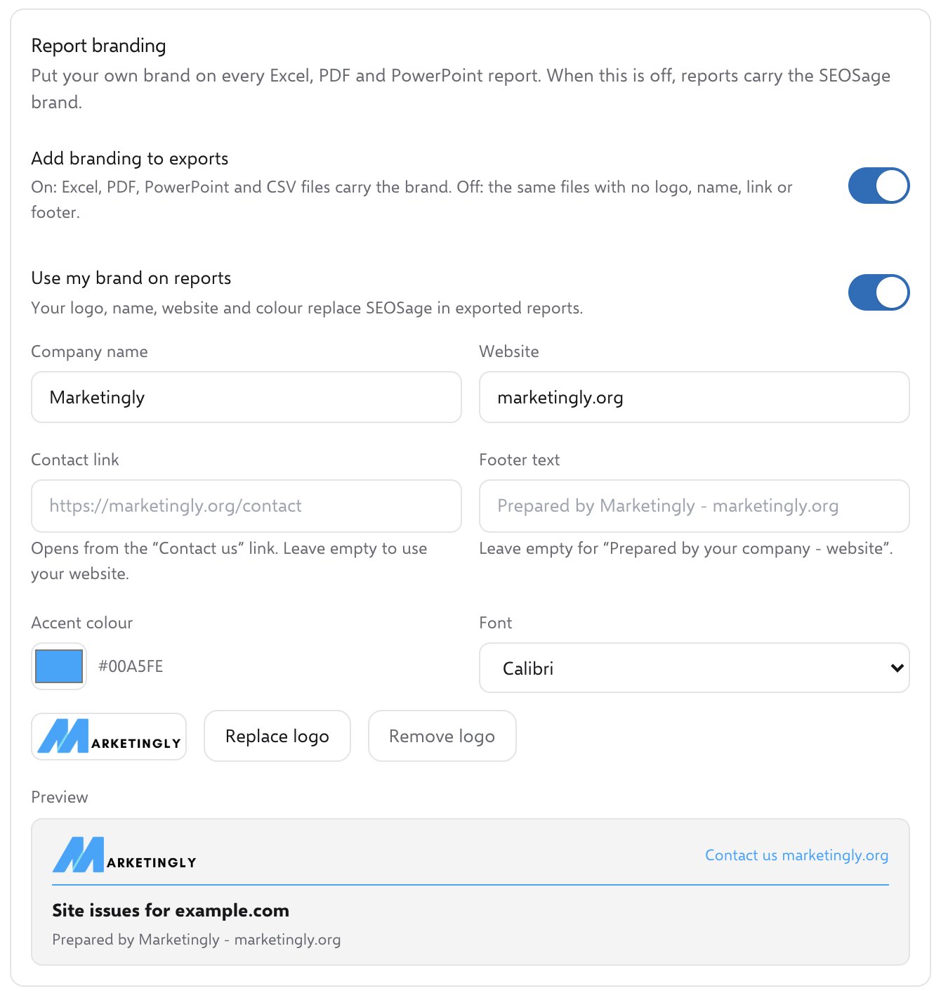 SEOSage Report branding settings with company name, accent colour, logo and a live header preview