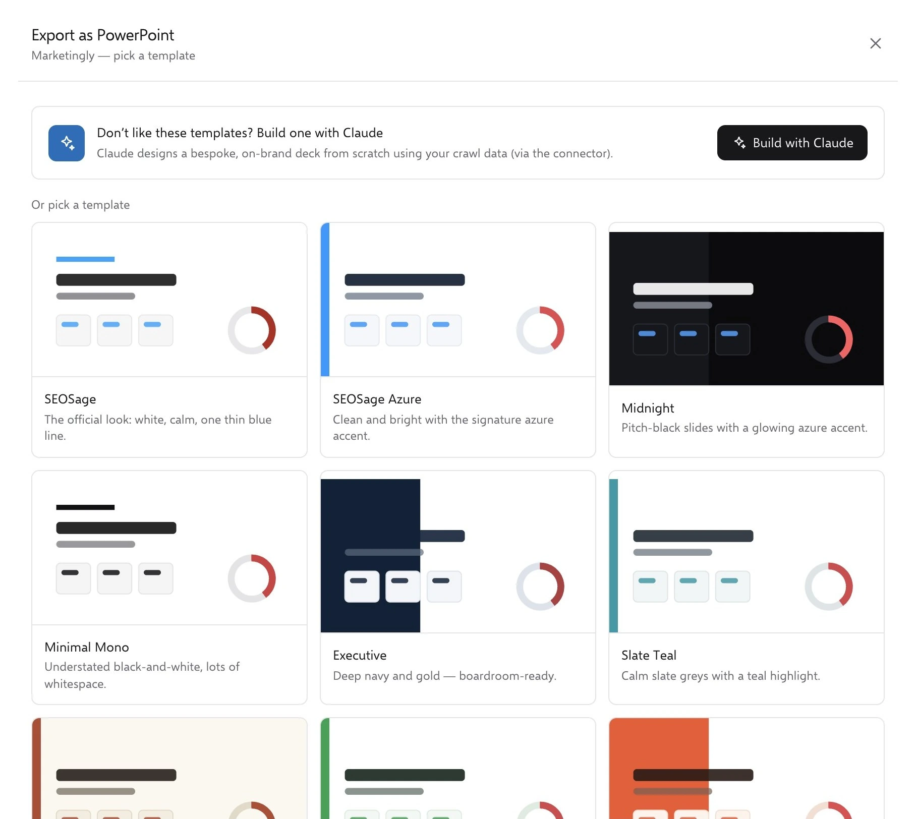 SEOSage Export as PowerPoint window with a Build with Claude option and a choice of report templates