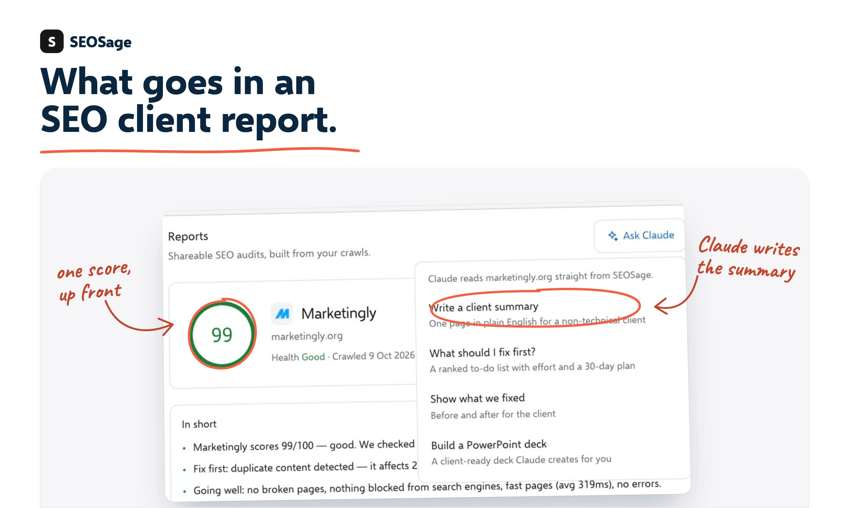 SEOSage Reports screen with a health score of 99 and the Ask Claude menu offering to write a client summary