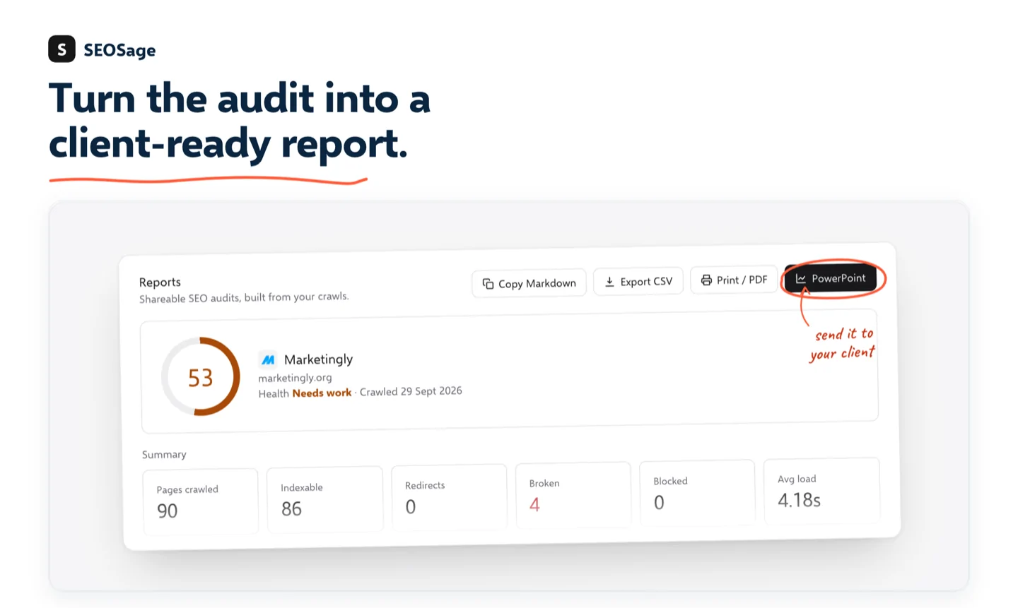 SEOSage Reports page with health score and export buttons for PDF, CSV and PowerPoint