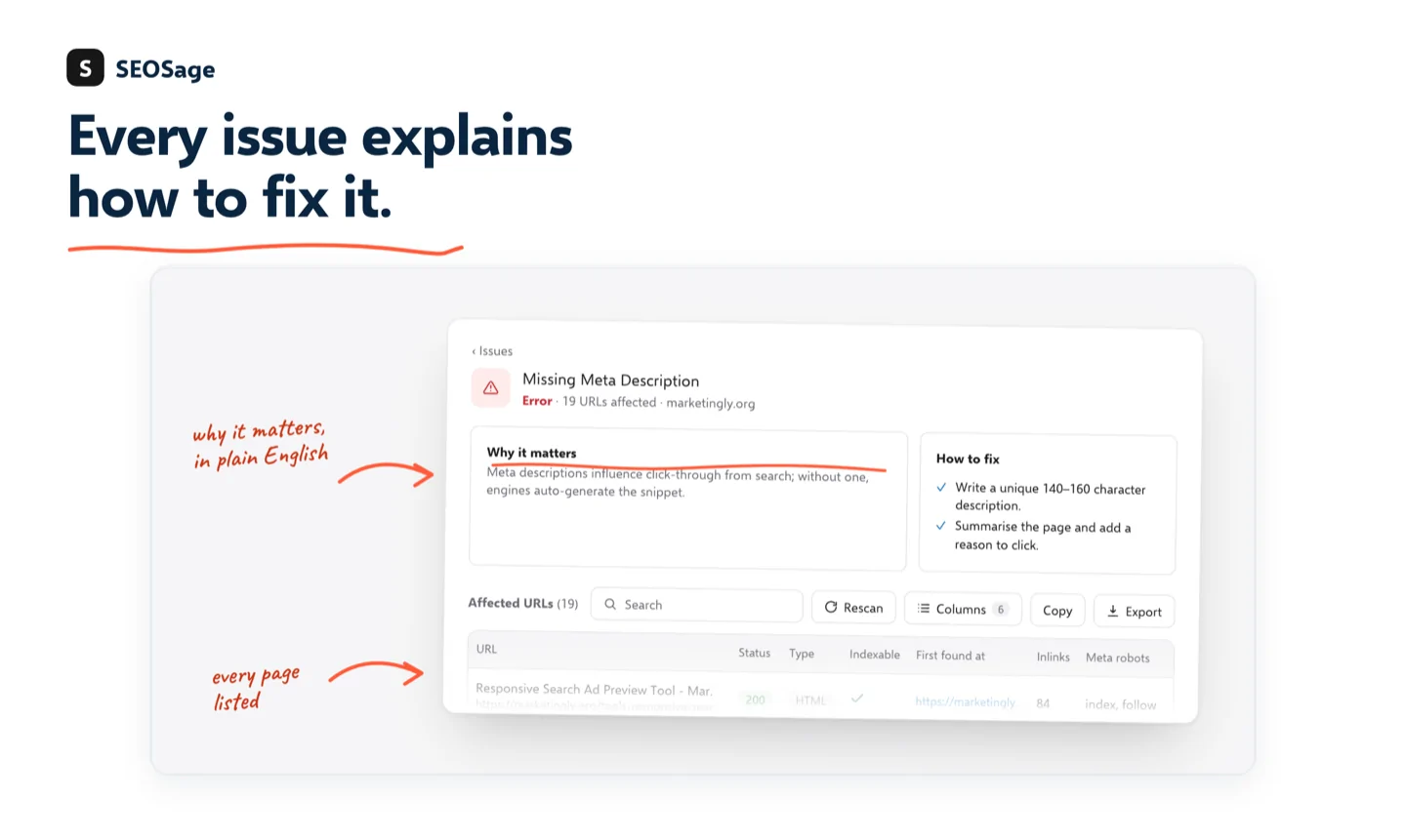 SEOSage issue page: why a missing meta description matters and how to fix it